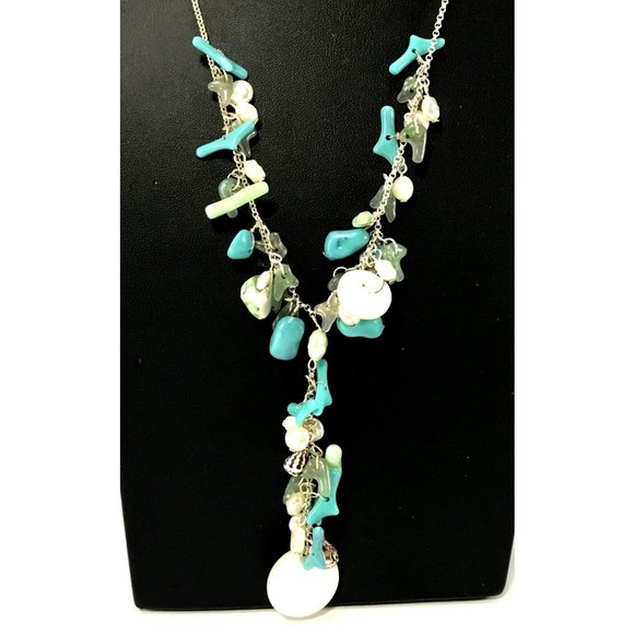 Unbranded Jewelry - Silver Tone Cluster Fringe Y-Drop Necklace Faux Blue Coral n Pearls Real Shells
